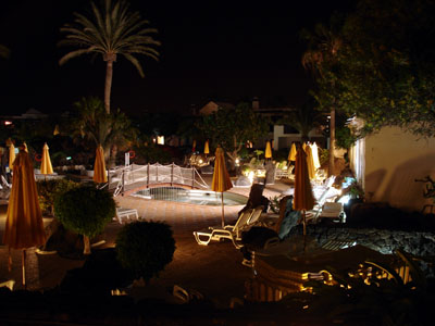 A shot of the resort at night.