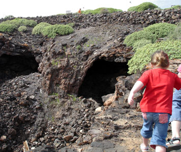 One end of Jameos del Agua - a lava tunnel or "jameos" (pronounced hum-eh-oss) with an underground lake in it.  Note the "pouring" rock mass over the entry point. 