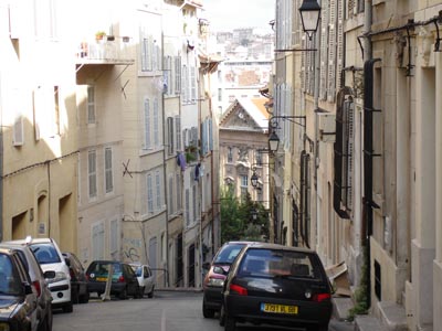 A steep road nicely shows off the architecture in the city