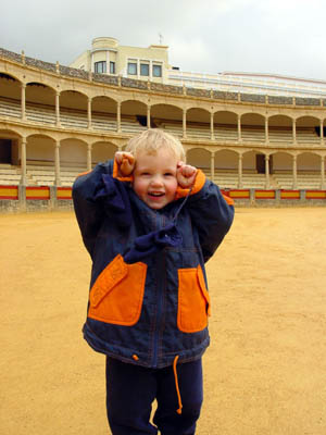 Joshua pretending to be a bull in the Bull ring at Ronda