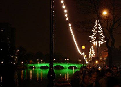 Some of the Christmas lights, featuring the bridge over the river