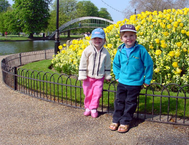 Joshua and Misha pose in front of some of the Daffodils